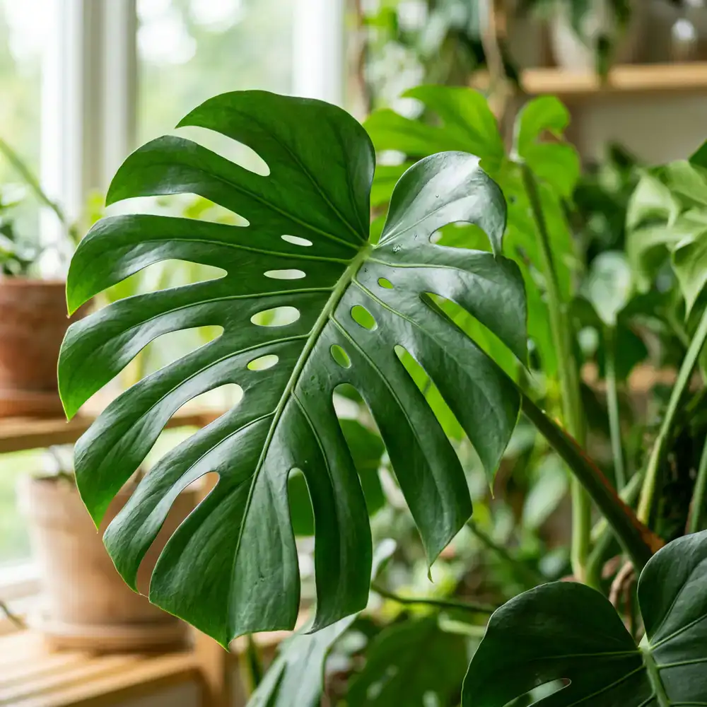 Close up of lush green monstera leaves