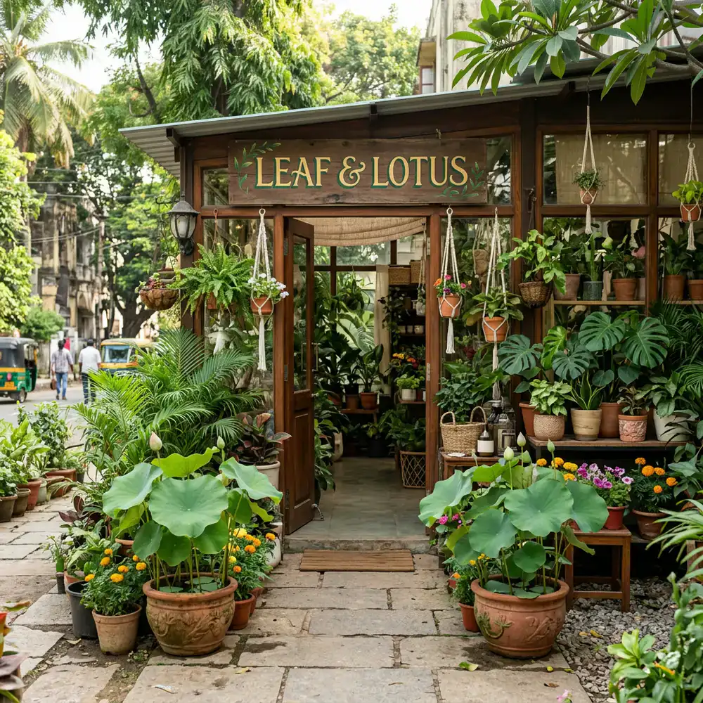 Leaf & Lotus botanical shop entrance in Bengaluru
